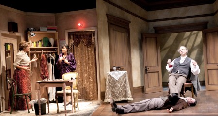 From the left, Carol Halstead, Zoe Winters, Andrew Pastides (lying) and Jim Ortlieb in 'Half ,n Half .n Half." Photo: Megan Moore