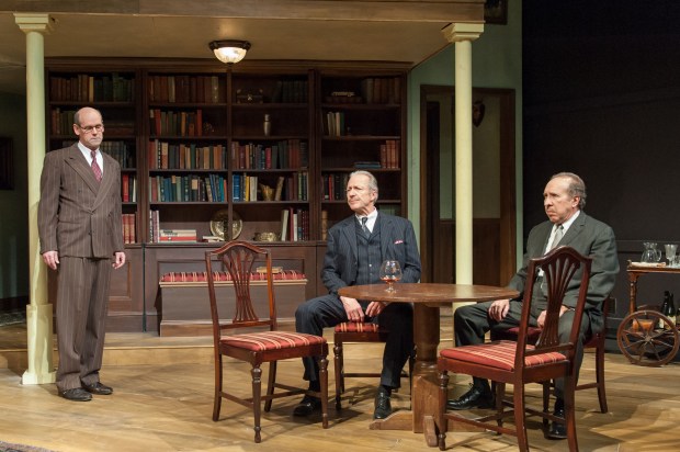 Owen Doyle (Kurt Diebner), Will Lyman (Otto Hahn), and Ken Baltin (Max von Laue) in the World Premiere of Alan Brody's “Operation Epsilon,” directed by Andy Sandberg performing through April 28 at Central Square Theater, 450 Massachusetts Avenue, Cambridge, MA. Presented by The Nora Theatre Company. Photo: A.R. Sinclair Photography. 