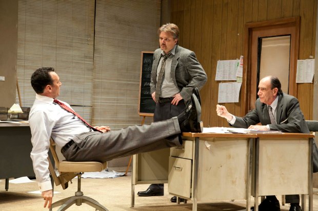 Todd Licea, Charlie Kevin, and Will LeBow in MRT’s “Glengarry Glen Ross.” Photo: Meaghan Moore 