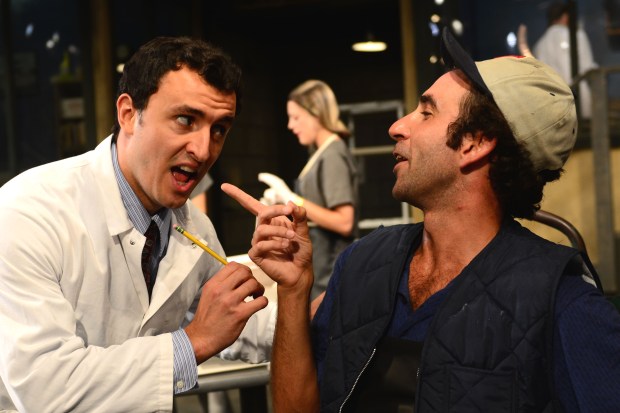 Sal (Lowell Byers) and Porker (Thomas Phillip O'Neill) confront each other in a scene from "North Shore Fish." Photo: Gary Ng.