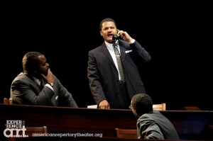 From the left, J. Bernard Calloway as Ralph Abeernathy, Brandon J. Dirden as Martin Luther King and William Jackson Harper as Stokely Carmichael in "All The Way." Photo Evgenia Eliseeva