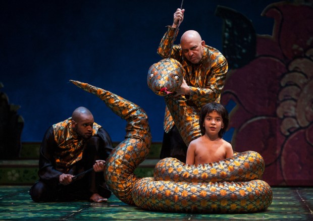 Timothy Wilson (ensemble), Thomas Derrah (Kaa), and Akash Chopra (Mowgli) in Tony Award winner Mary Zimmerman’s new musical adaptation of The Jungle Book. Photo: Liz Lauren