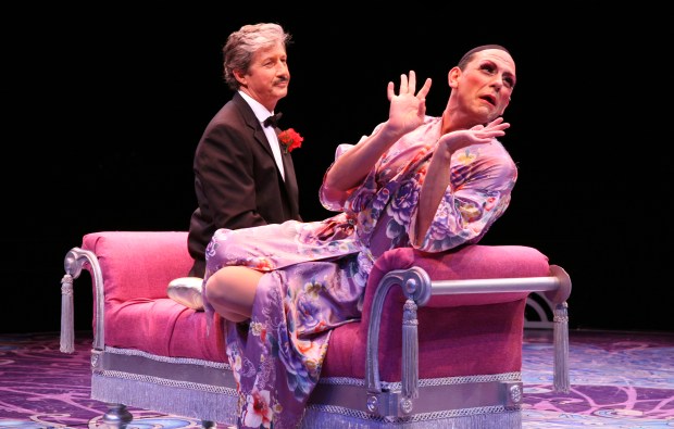 Charles Shaughnessy (Georges) and Johnathan Hammond (Albin) in North Shore Music Theatre's production of LA CAGE AUX FOLLES running through October 6, 2013. Photo©Paul Lyden 