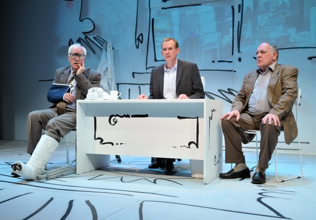 From left:  Richard Snee, Barlow Adamson, and Ross Bickell in a scene from the SpeakEasy Stage Company World Premiere production of “KURT VONNEGUT'S MAKE UP YOUR MIND,” running now through Nov. 30 at the Calderwood Pavilion at the Boston Center for the Arts, 527 Tremont Street in Boston's South End.  Tix/Info:  617-933-8600 or www.SpeakEasyStage.com.  Photo:  Craig Bailey/Perspective Photo. 
