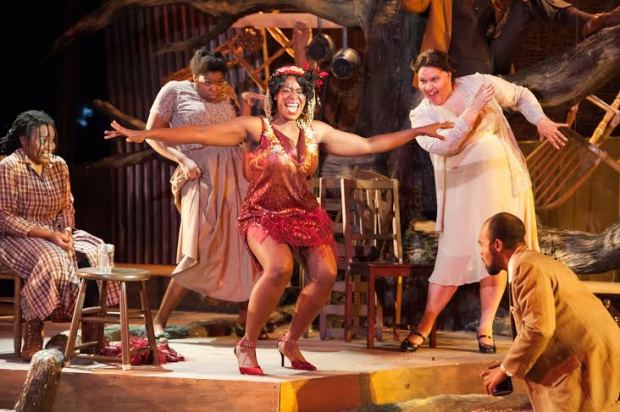 Crystin Gilmore (center) as Shug Avery with (from left) Lovely Hoffman, Taylor Washington, Carolyn Saxon, and Maurice Emmanuel Parent in a scene from the SpeakEasy Stage Company production of THE COLOR PURPLE, running now through February 8th at the Calderwood Pavilion at the Boston Center for the Arts, 527 Tremont Street in Boston's South End.  Tix/Info:  617-933-8600 or www.SpeakEasyStage.com .  Photo:  Glenn Perry Photography. 