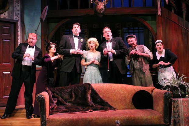 The cast in a scene from Stoneham Theatre's "Something's Afoot." Photo: David Costa