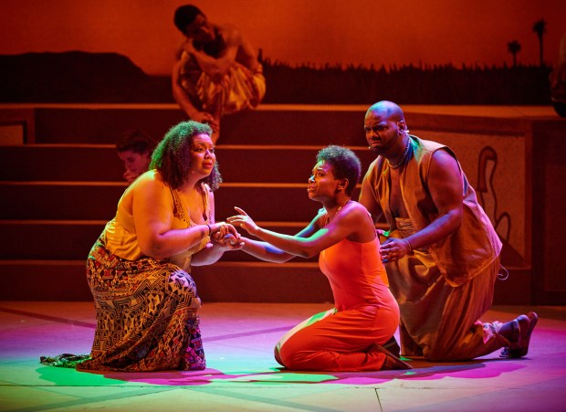 Janett "Becky" Bass, Ta'Nika Gibson and Terrell Foster-James in a scene from "Aida." Photo: Matt McKee, Fiddlehead Theatre Photo: 