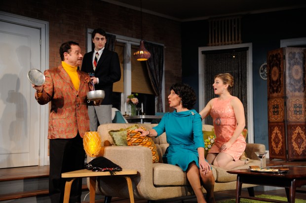 Stephen Berenson as Victor Velasco, Charlie Thurston as Paul, Phyllis Kay as Mrs. Banks and Rebecca Gibel as Corie in Neil Simon’s Barefoot in the Park at Trinity Rep.  Photo Mark Turek.