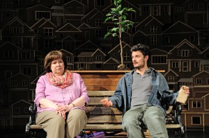 Janice Duclos as Librarian and Lee Osorio as Mechanic in Will Eno’s Middletown at Trinity Rep. Photo Mark Turek. 