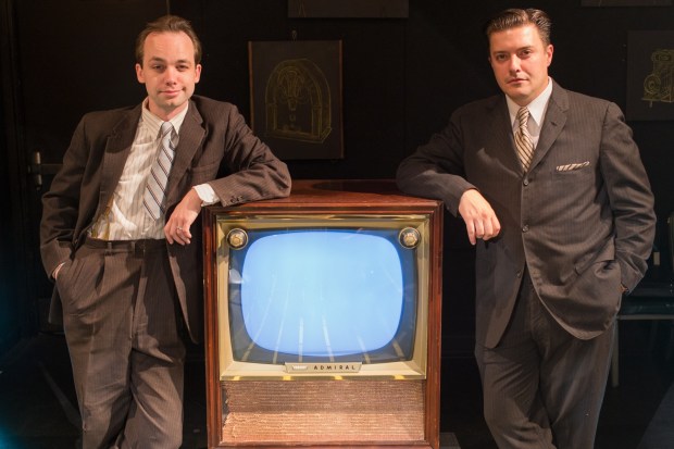 Chris Larson as Philo Farnsworth and Michael Fisher as David Sarnoff in "The Farnsworth Invention." Photo: Lindsay Eagle, Flat Earth Theatre
