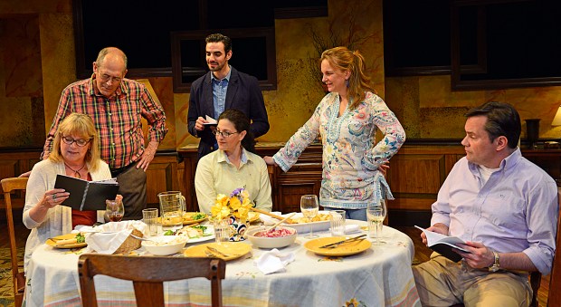 Karen MacDonald as Barbara Apple; Joel Colodner as Benjamin Apple; Paul Melendy as Tim Andrews; Sarah Newhouse as Marian Apple Platt; Laura Latreille as Jane Apple Halls; Bill Mootos as Richard Apple in “Sweet and Sad.” Photo: Gary NG 