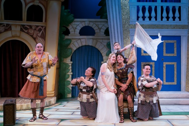 From the left: Neil A. Casey, Jenna Lea Scott, Devin Bean, Nicholas Davis, Jordan Ahnquist, and Angelo McDonough in "A Funny Thing Happened on the Way to the Forum." Photo: Mark S. Howard
