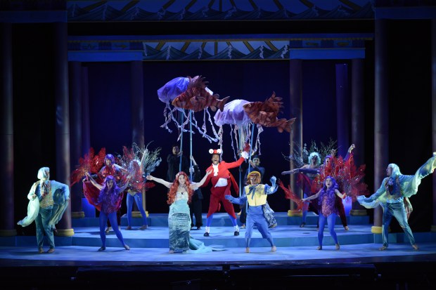 Jay Kelley as Sebastian (center) and ensemble performing  “Under the Sea.” Courtesy Fiddlehead Theatre Company/©Eric Antoniou 