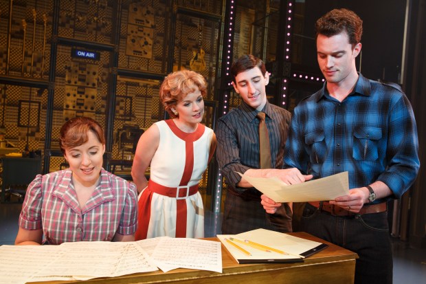 Four Friends. Abby Mueller (“Carole King”), Becky Gulsvig (“Cynthia Weil”), Ben Fankhauser (“Barry Mann”) and Liam Tobin (“Gerry Goffin”) Photo: Joan Marcus  