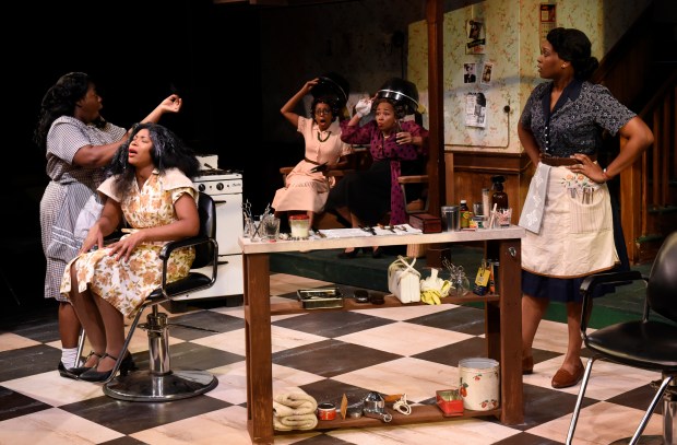 Meagan Dilworth, Cloteal L Horne, Jackie Davis, Ramona Lisa Alexander, and Jasmine Rush in “Saturday Night, Sunday Morning.” Photo: Glenn Perry