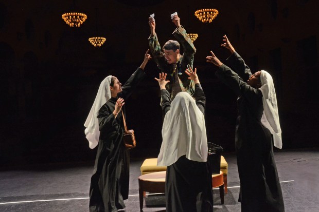 Andrea Lyman,, Caitlin Graham, Ariela Nazar-Rosen, and Nicholas Yenson in “The House of  Blue Leaves.” Photo: Staff photographer