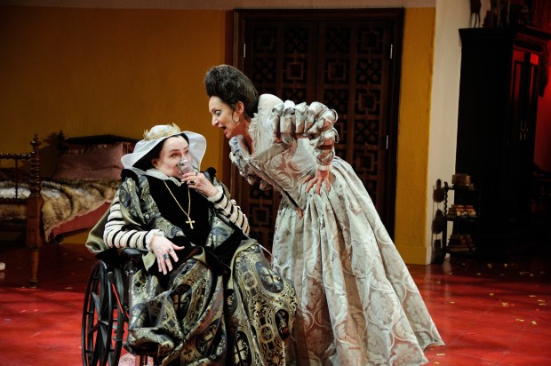 Janice Duclos as HRH Queen Isabella of Spain and Phyllis Kay as Maxima Terriblé Segunda in Trinity Rep’s The Hunchback of Seville by Charise Castro Smith, directed by Taibi Magar. Set design  by Marsha Ginsberg, costume design by Olivera Gajic and lighting design by Dan Scully. Photo:  Mark Turek