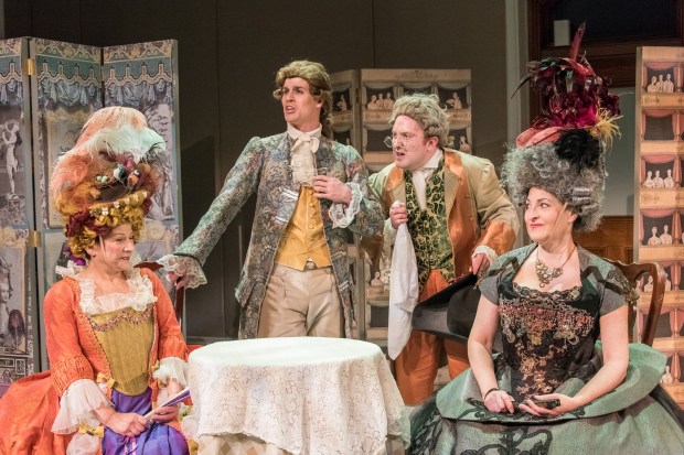 Mrs Candor (Bobbie Steinbach), Joseph Surface (Michael Underhill) Crabtree (Gabriel Graetz) and Lady Sneerwell (Sarah Newhouse)  in "The School for Scandal." photo by Stratton McCrady