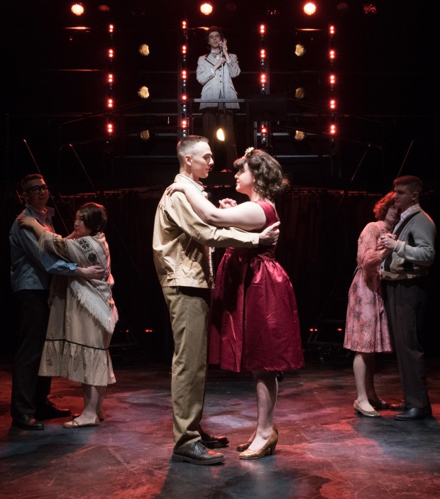 Jordan J. Ford, Alejandra M. Parrilla and the cast of Speakeasy Stage's "Dogfight." Glenn Perry Photography