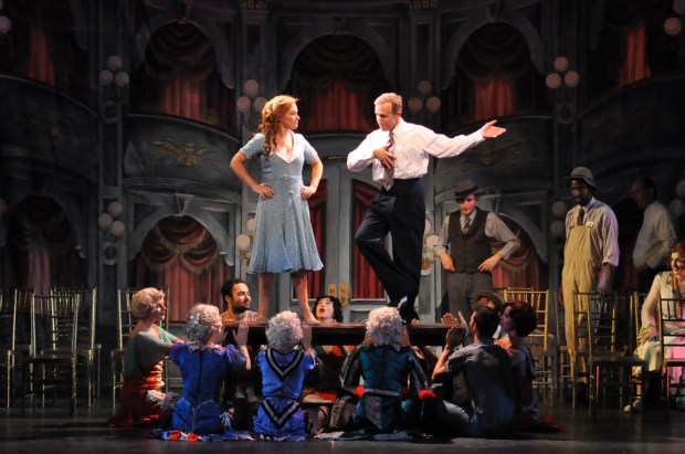 Kirby Ward as Bobby Child and Beverly Ward as Polly Baker(center) and ensemble in "Crazy For You." Courtesy Reagle Music Theatre/©Herb Philpott