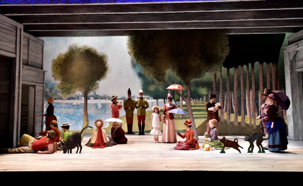 Jenni Barber and Adam Chanler-Berat in “Sunday in the Park with George” at the BU Theatre through October 16, 2016. Photo: Paul Marotta. 