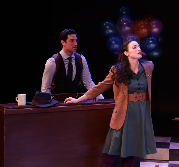 Jared Troilo, Kirsten Salpini in Lyric Stage's "Murder for Two." Photo by Mark S. Howard