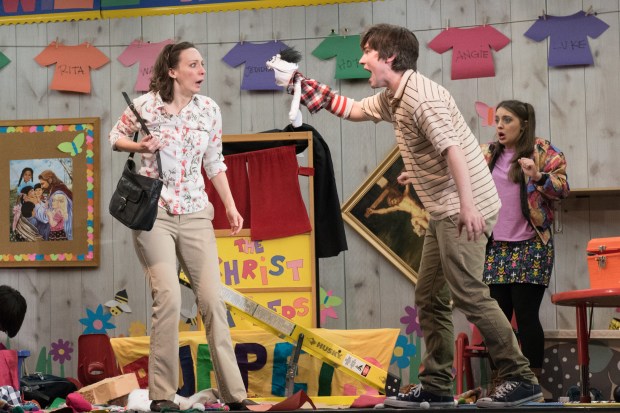 Marianna Bassham, Eliott Purcell and Josephine Elwood in "Hand to God." Photo: Glenn Perry