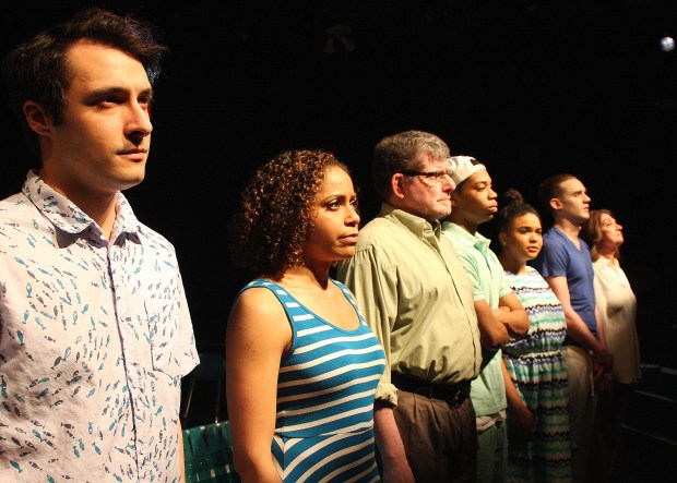 (L to R):  Johnny Quinones, Victoria George, Robert Bonotto, Jalani Dottin-Coye, Lillian Gomes, Matthew Fagerberg, and Maureen Adduci in "Exit Strategy." Photo by Richard Hall/Silverline Images