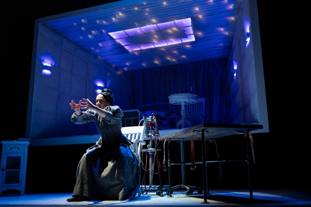 A dramatic scene from a play featuring a woman in period costume gesturing passionately, set against a stylized backdrop resembling a room with a table and chairs.